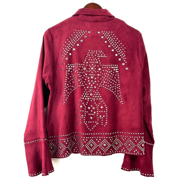 Rockin G Women Maroon Jacket Studded Moto Faux Suede Full Zip Bell Sleeve Sz L - Picture 5 of 12